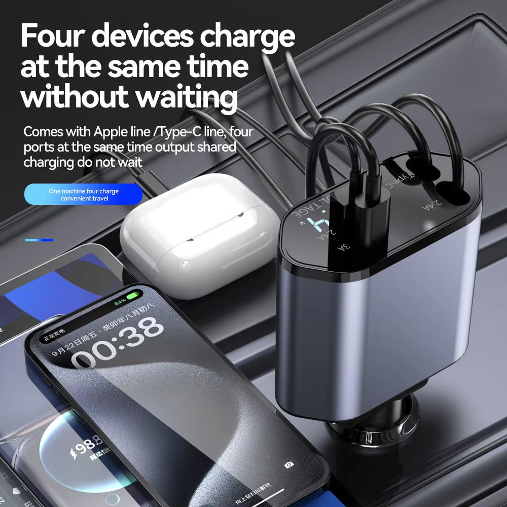 eFlexCharge Pro: 4-in-1 Retractable Car Charger