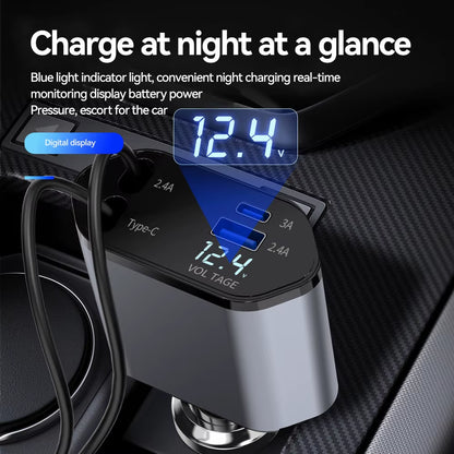 eFlexCharge Pro: 4-in-1 Retractable Car Charger